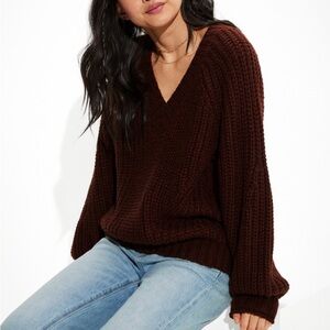 American Eagle Brown Chunky Knit V Neck Sweater